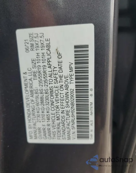 2022 Honda Odyssey Elite z USA, uszkodzony, nr VIN 5FNRL6H92NB029092